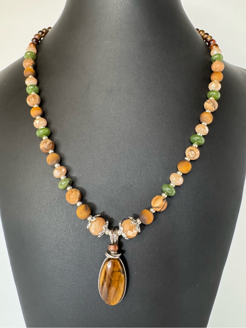 Handcrafted Autumn Earth Tiger's Eye & Jasper Gemstone OOAK Necklace NWT ~21-22”
